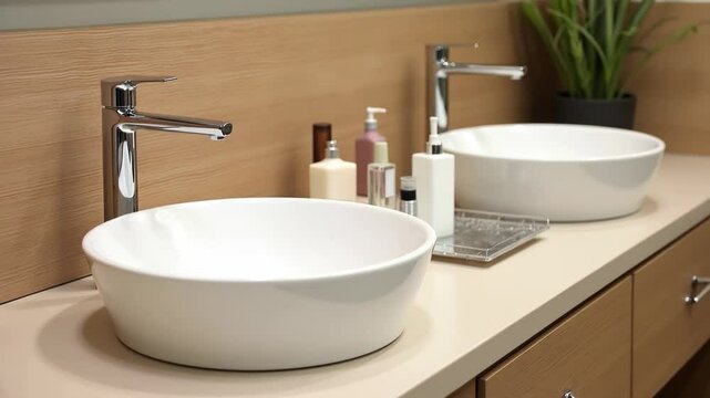 Stylish bathroom design showcasing sleek sinks and modern toiletries in a contemporary setting