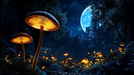 Glowing Mushrooms in a Moonlit Forest: A 3D Rendered Night Scene AI Generated