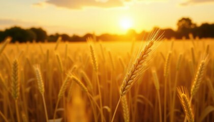 Fototapeta premium Warm sunlight casts a golden glow over the ripened wheat field, countryside, grass