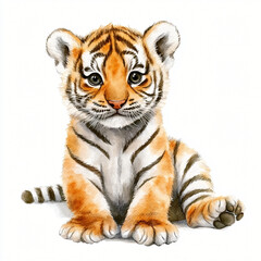 Fototapeta premium A cute watercolor illustration of a tiger painting illustration isolated on a white background, a tiger illustration painting, Ai