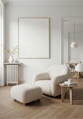 Fototapeta premium Frame blank mockup design. Livingroom wall poster mock up. Interior mock-up with home background. Modern interior design. 3D render