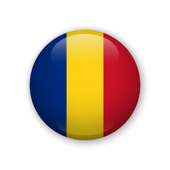 Realistic glass button with flag of Romania 3d vector element with shadow For mobile apps UI and web