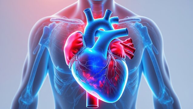 Digital illustration of heart anatomy, displaying realistic organs with vibrant colors, highlighting the cardiovascular system