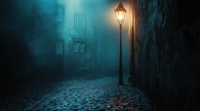 An illuminated street lamp in a foggy dark alleyway setting