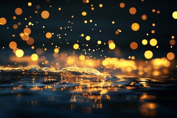 Stunning abstract night scene of golden confetti on water with bokeh light reflections