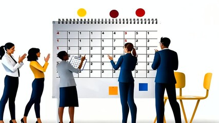 Diverse Business Team Planning Tasks on Calendar in Formal Attire