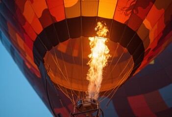 Obraz premium Hot Air Balloon Ignition with Fiery Flames in Early Morning Light
