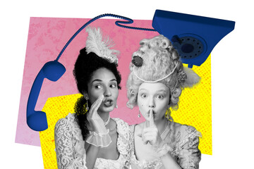 Composite sketch image design trend artwork collage of two lady friends talk rumors gossip portrait...