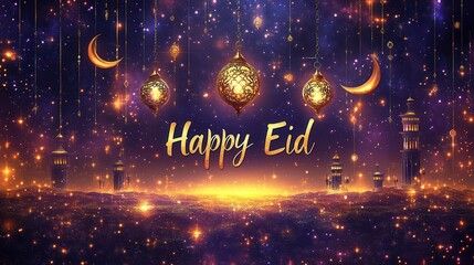 Glowing Eid Mubarak Greeting with Crescent Moon and Lanterns