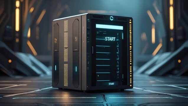 Futuristic server equipment in a high-tech environment featuring glowing accents and sleek design