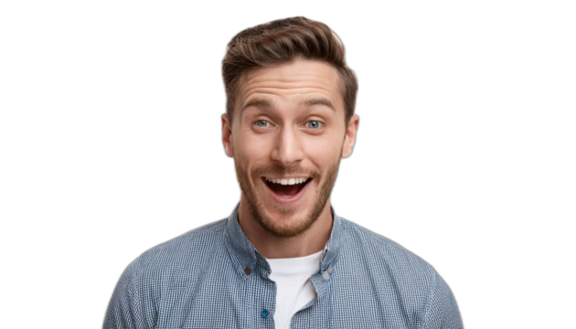 Smiling man with surprised and shocked expression