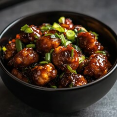 Gobi Manchurian in Black Bowl with Soy Sauce  Onions