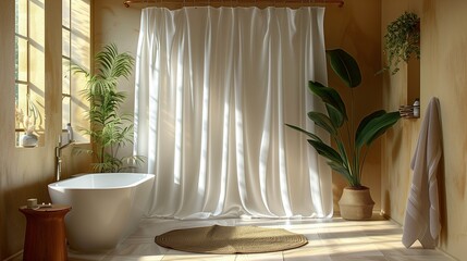 A serene bathroom featuring a freestanding bathtub with sheer curtains allowing natural light to filter through surrounded by lush plants adding a touch of nature
