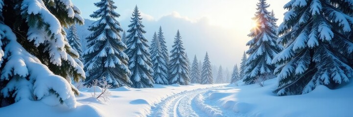 Obraz premium Dense forest of pine trees under a blanket of fresh snow, snowflakes, frost