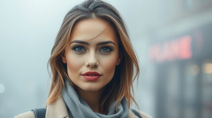 Fototapeta premium Stylish Woman in a Foggy Urban Street with Soft Light