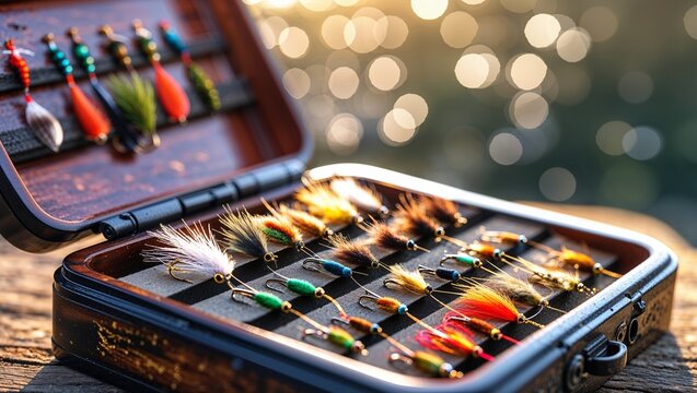 Colorful fishing lures arranged neatly in a wooden tackle box under the warm sunlight near a shimmering lake