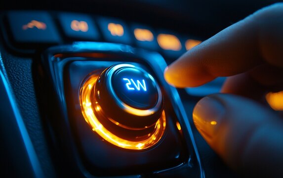 Close-up of a finger pressing a 2W drive mode button in a car's illuminated console at night.