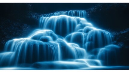 A surreal long-exposure image of waterfall-like light trails that glow in ethereal white and blue hues