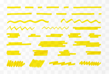 Marker pen lines yellow vector set, brush pen hand drawn underline strokes, highlighter wavy, dashed and zigzag lines