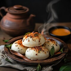 Authentic South Indian Thatte Idlis with aromatic podi and ghee