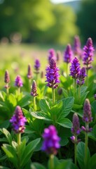 Dense purple Ajuga reptans flowers bloom in sunny summer field, purple, wildflowers, foliage