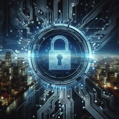 A padlock symbolizing cyber security on a digital background, representing technology and data protection.