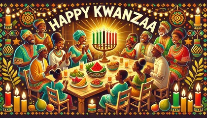 Naklejka premium Kwanzaa Family Celebration with Kinara and Traditional Feast 