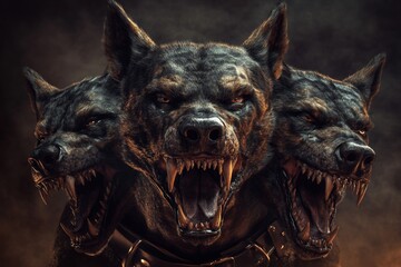 Intimidating portrait of cerberus a hyper realistic three headed dog from greek mythology