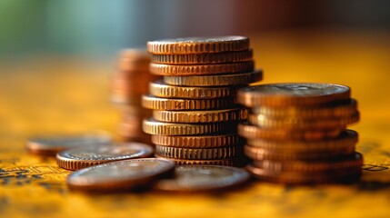 Shiny copper colored coins stacked in neat columns and scattered loosely on a warm golden textured surface evoking themes of savings and financial prosperity under soft ambient lighting  