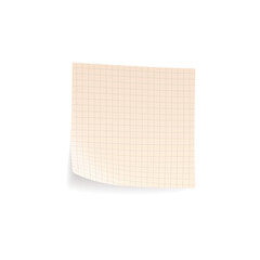 Notebook paper sticker note, vector realistic checkered sheet with curled corner and shadow, square blank for messages