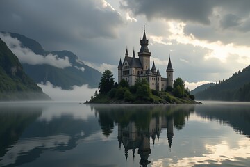 Obraz premium Majestic Castle on Misty Lake Serene Mountain Landscape Fairytale Setting