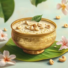 Realistic Kerala semiya payasam in traditional golden bowl with cashews on banana leaf with flowers around it