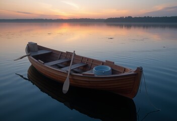 Fototapeta premium Empty Rowboat on a Peaceful Lake at Dusk