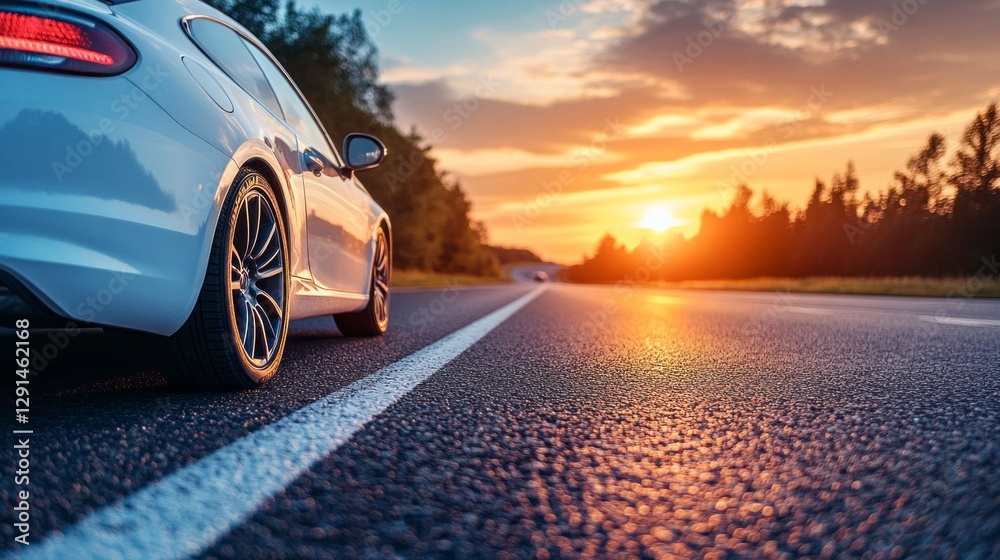 Poster Golden rays of the setting sun bounce off the rearview mirror, framing a tranquil stretch of open road, creating an enchanting moment of serenity and freedom