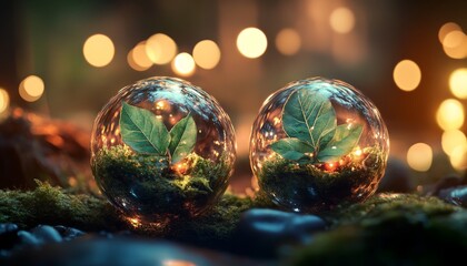 Enchanting christmas baubles surrounded by greenery in a magical forest with glowing lights