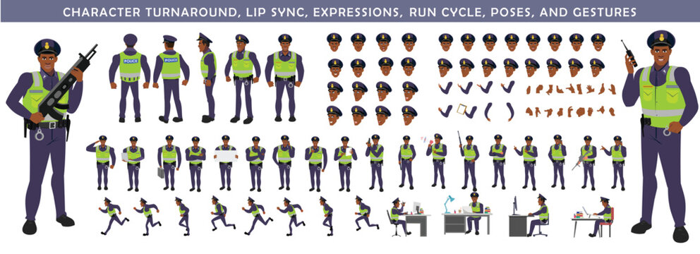 
Police Officer Character Design Model Sheet. Man, Character design. Front, side, back view and explainer animation poses. Character set with lip sync and Walk cycle animation sequences.
