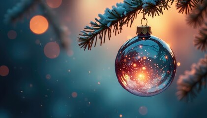 Obraz premium Glass ball with subtle glitter hanging from branch, ornament, decoration