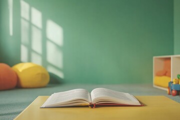 Open book rests on vibrant yellow table, surrounded by soft cush