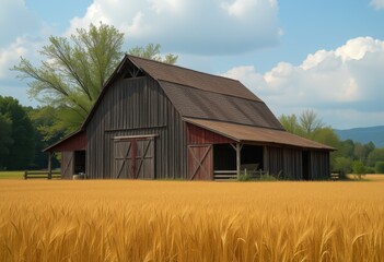 Obraz premium Weathered Wooden Barn in a Golden Wheat Field with Clear Sky