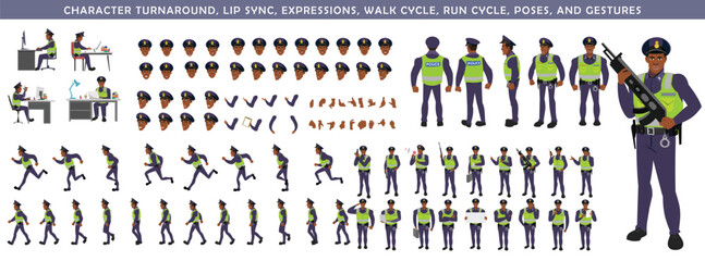 
Police Officer Character Design Model Sheet. Man, Character design. Front, side, back view and explainer animation poses. Character set with lip sync and Walk cycle animation sequences.
