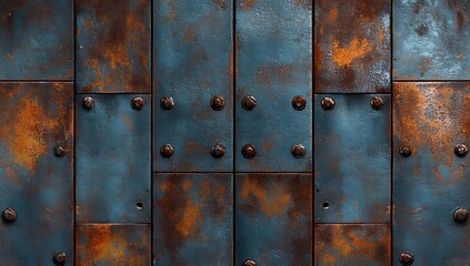 A high-resolution seamless pattern featuring rusted metal panels in striking blue hues against a dark background, offering an industrial vibe perfect for wallpaper or design projects.
