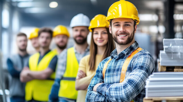 Industrial Construction Team of Engineers and Workers Collaborating: Safety Helmets, Smiling Faces, and Teamwork on Job Site