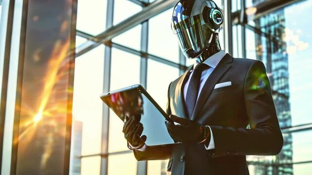 Robot businessman in office wearing suit shaking hands with colleague futuristic workspace artificial intelligence corporate success new beautiful stock video footage animation AI
