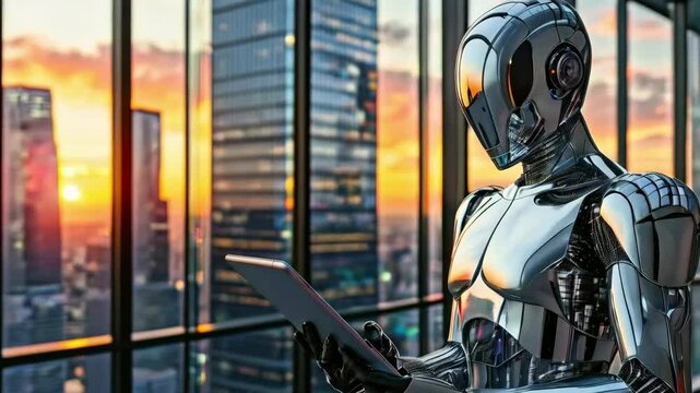 Robot businessman in office wearing suit shaking hands with colleague futuristic workspace artificial intelligence corporate success new beautiful stock video footage animation AI