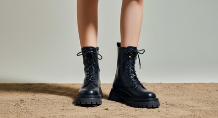 Black chunky combat boots on sand background