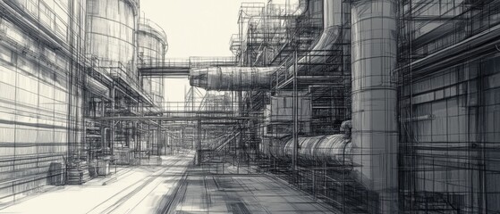 Fototapeta premium Warehouse structure with smokestack in industrial area under clear sky