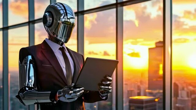 Robot businessman in office wearing suit shaking hands with colleague futuristic workspace artificial intelligence corporate success new beautiful stock video footage animation AI