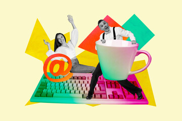 Creative sketch art collage of two happy girl guy business partners hold coffee cup pause stand...