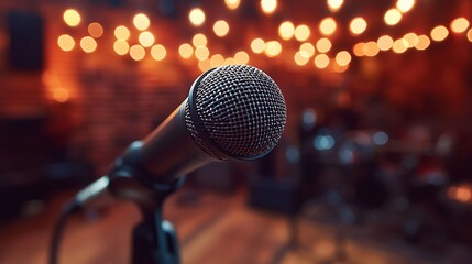 Obraz premium Close-up of microphone on stage with blurred background lights.