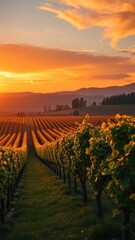 Fototapeta premium A picturesque vineyard at dusk, with a warm orange glow on the vines and surrounding hills, warm,, countryside